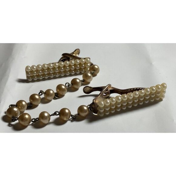 Vintage Sweater Clips 1950's 4-Pieces Pearl Leaf Celluloid Tiger Eye Pearl Bars - Picture 5 of 7